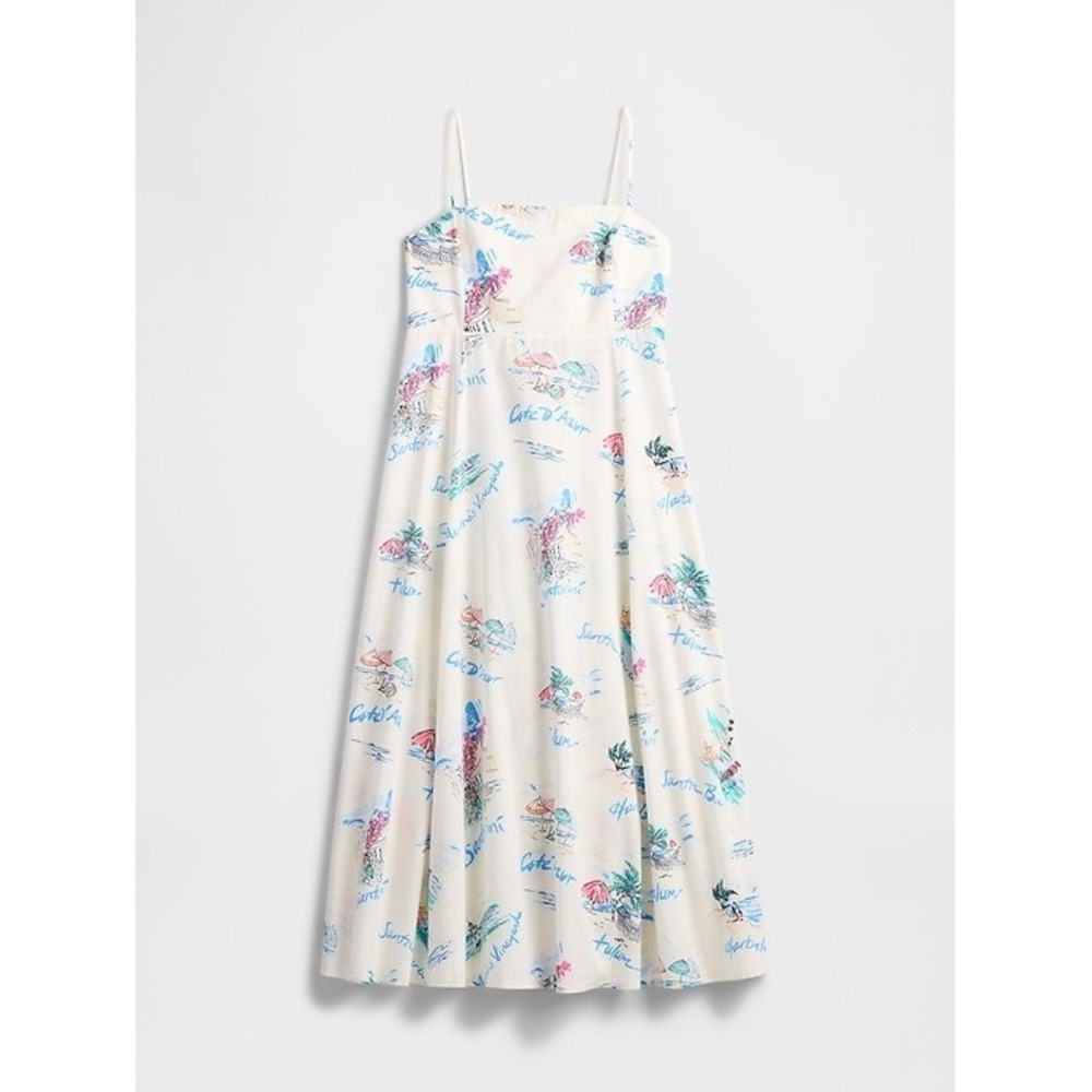 New Gap Dress Medium Fit & Flare Midi Vacationland White Spaghetti Strap Cotton - Picture 12 of 12